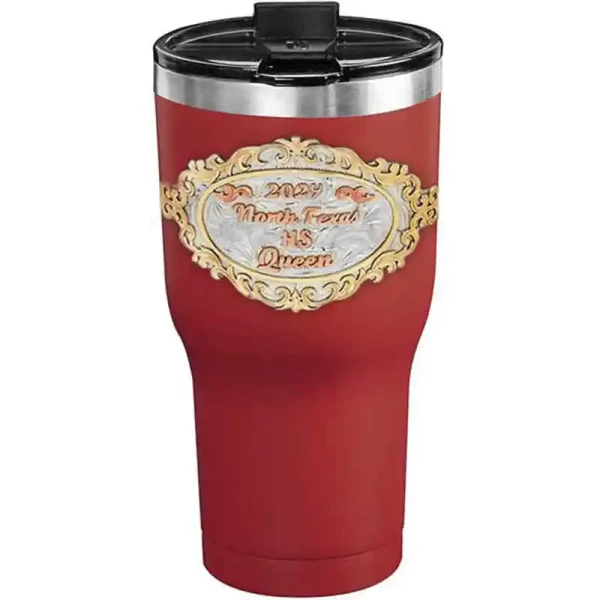 A customized tumbler made of stainless steel with a personalized engraved initials and North Texas High School Queen lettering, 30 oz, ideal for coffee or cool drinks